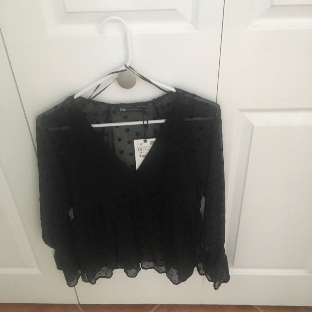 Blouse Sheer Black,black dots,long bell sleeves w/lace trim, v neck,empire waist